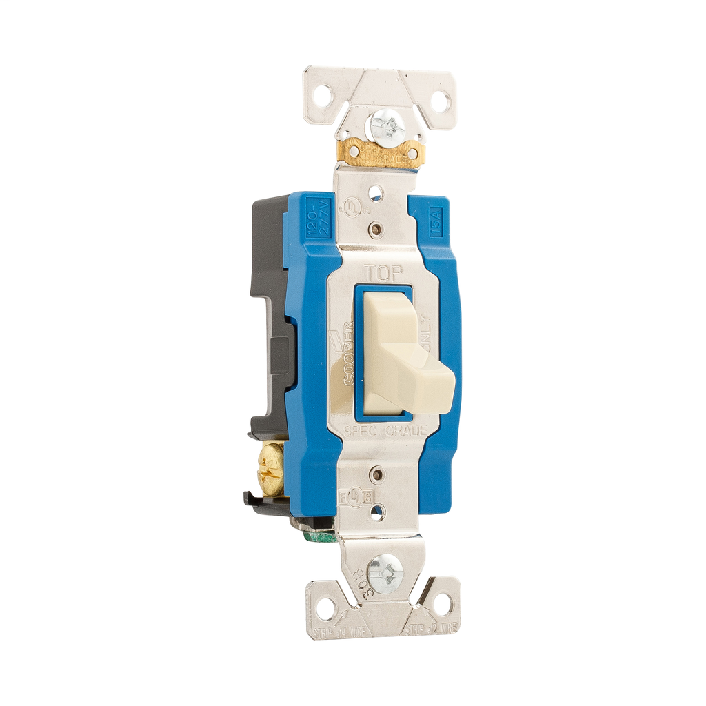 Cooper Wiring Devices AH1203V Toggle Switch 15A 120/277V Three-Way Single-Pole Back and Side Wiring Ivory Polycarbonate Brass Terminal Enclosure