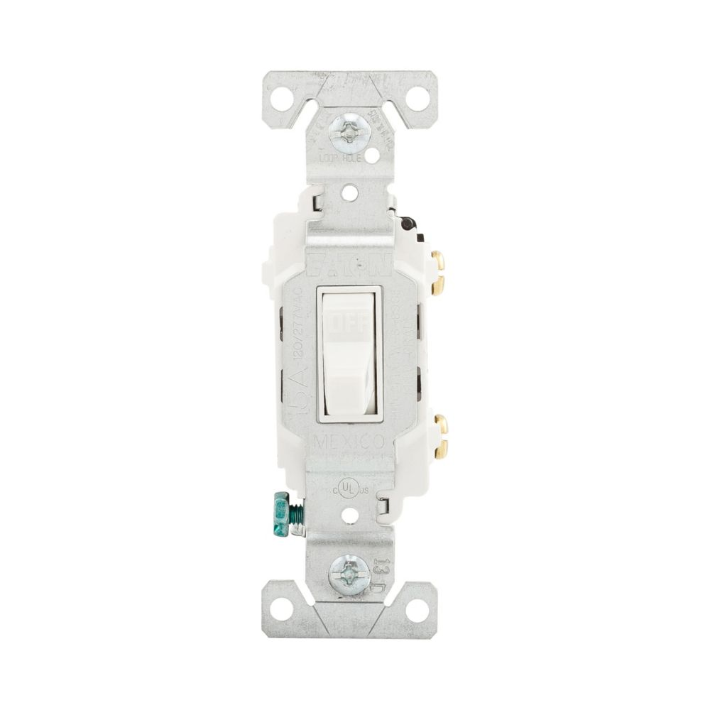 Cooper Wiring Devices CSB115W Toggle Switch Single-pole 15A 120/277V Flush Mount White PVC Brass Terminals
