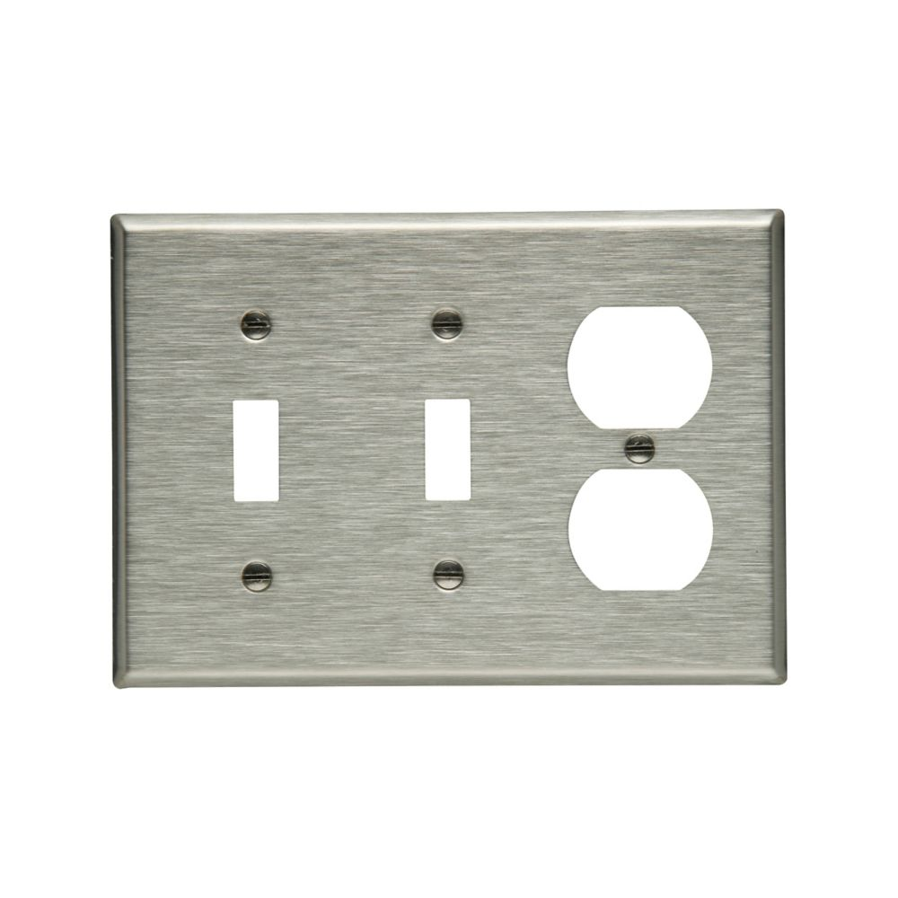 Cooper Wiring Devices 93543-BOX Combination Wallplate Three-Gang 2 Toggles Duplex Receptacle Stainless Steel