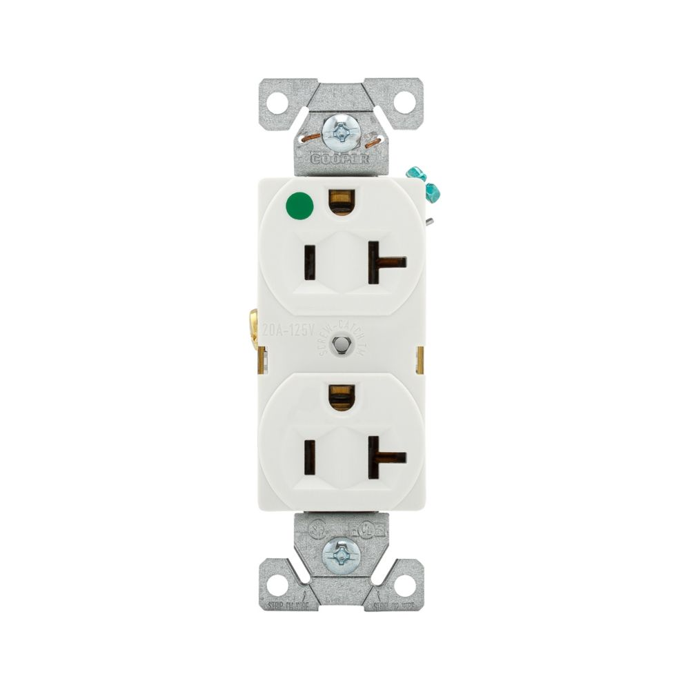 Cooper Wiring Devices 8300W Duplex Receptacle 20A 125V 5-20R Auto-Grounding Brass White Nylon PVC