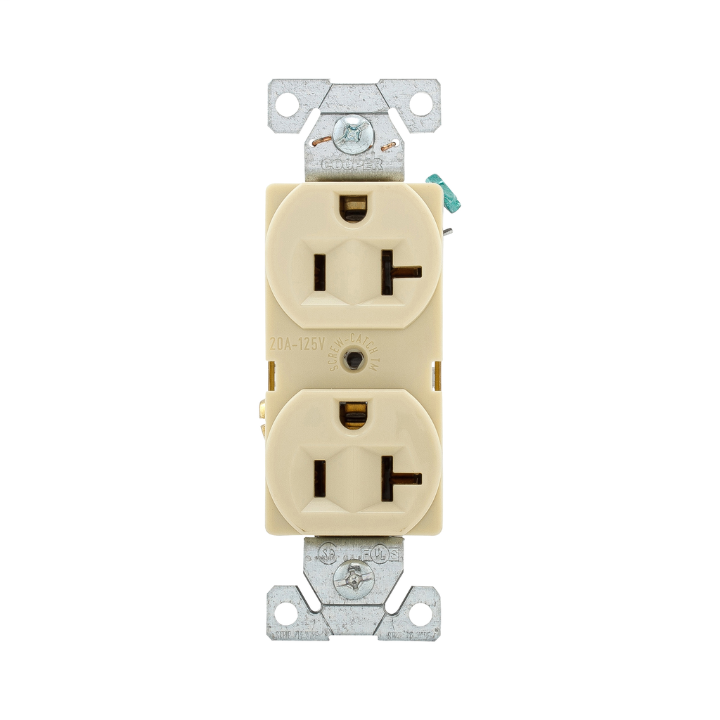 Cooper Wiring Devices BR20V Duplex Receptacle 20A 125V 5-20R Two-pole Three-wire Ivory PVC Flush Mount Brass Contact