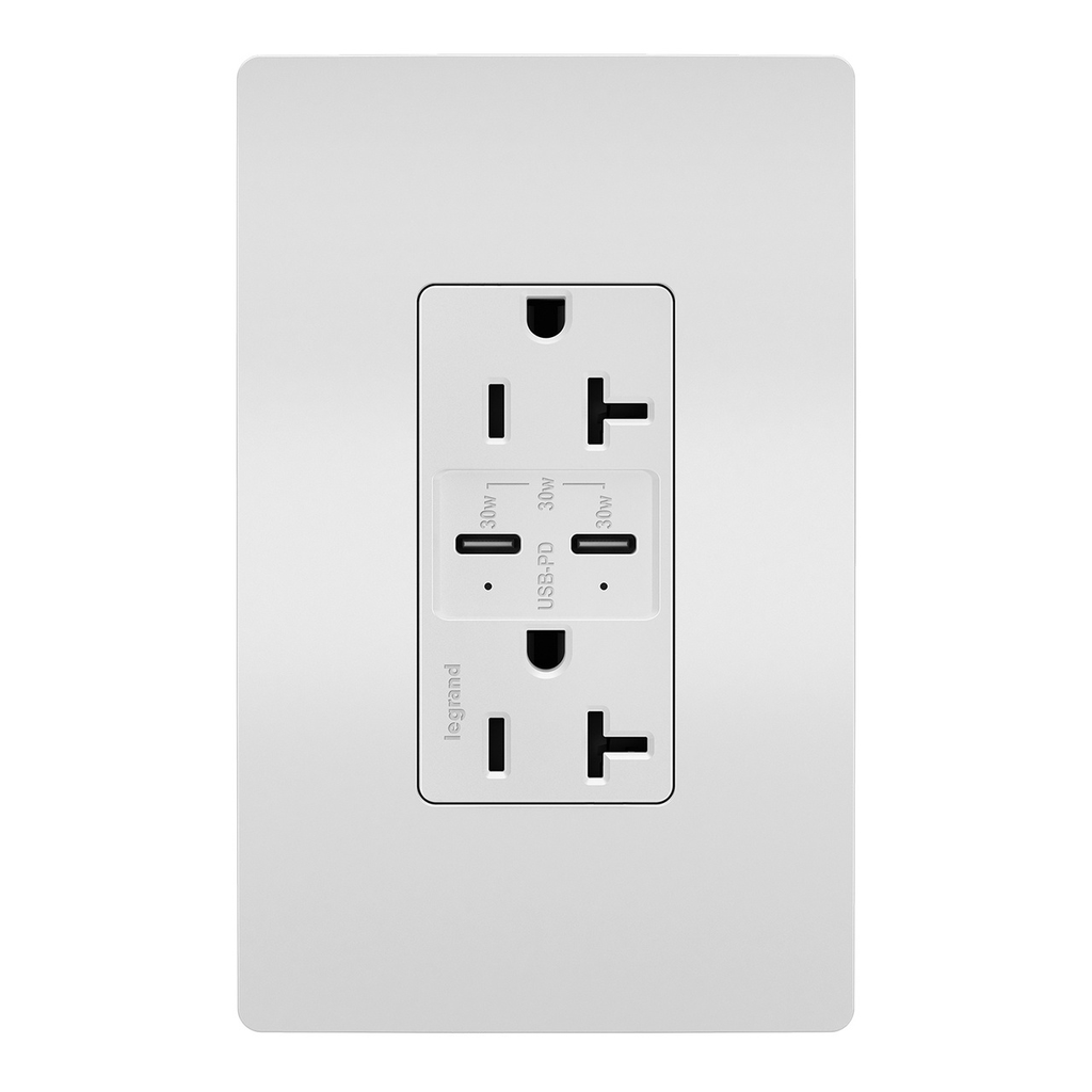 radiant TR20USBPDW USB-Charging Outlet 2-Port USB-C 30W 20A Tamper-Resistant White Satin