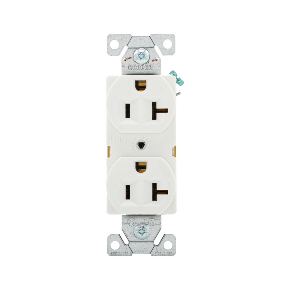 Cooper Wiring Devices BR20W Duplex Receptacle 125V 20A Two-pole Three-wire 5-20R Flush White PVC Brass