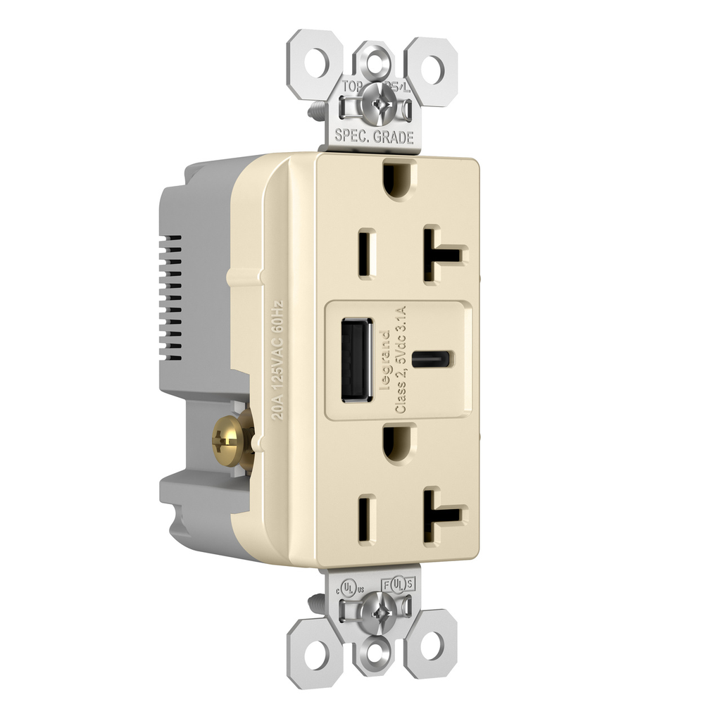 Pass & Seymour TR20USBACLA USB Charging Outlet 20A 3.1A Tamper-Resistant Light Almond