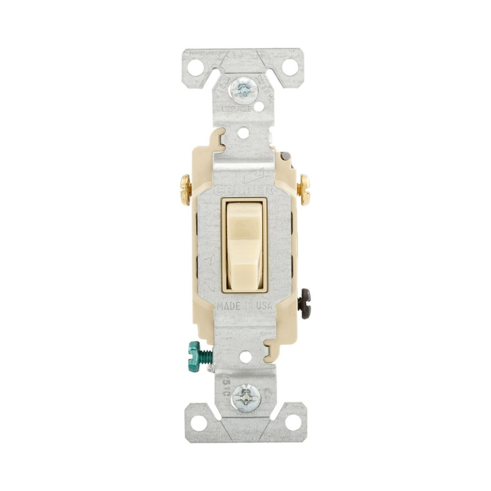 Cooper Wiring Devices CS320V Toggle Switch Three-Way 120/277V 20A Ivory PVC Wall Mount Side Wire Screw Terminal Copper Alloy