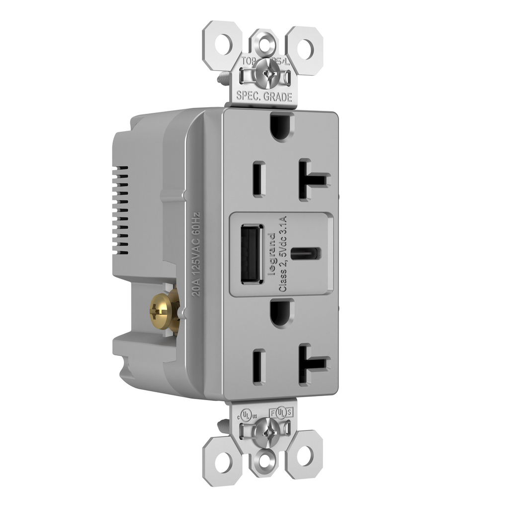 Pass & Seymour TR20USBACGRY USB Outlet 20A Tamper-Resistant USB-A/C Charging Gray Matte