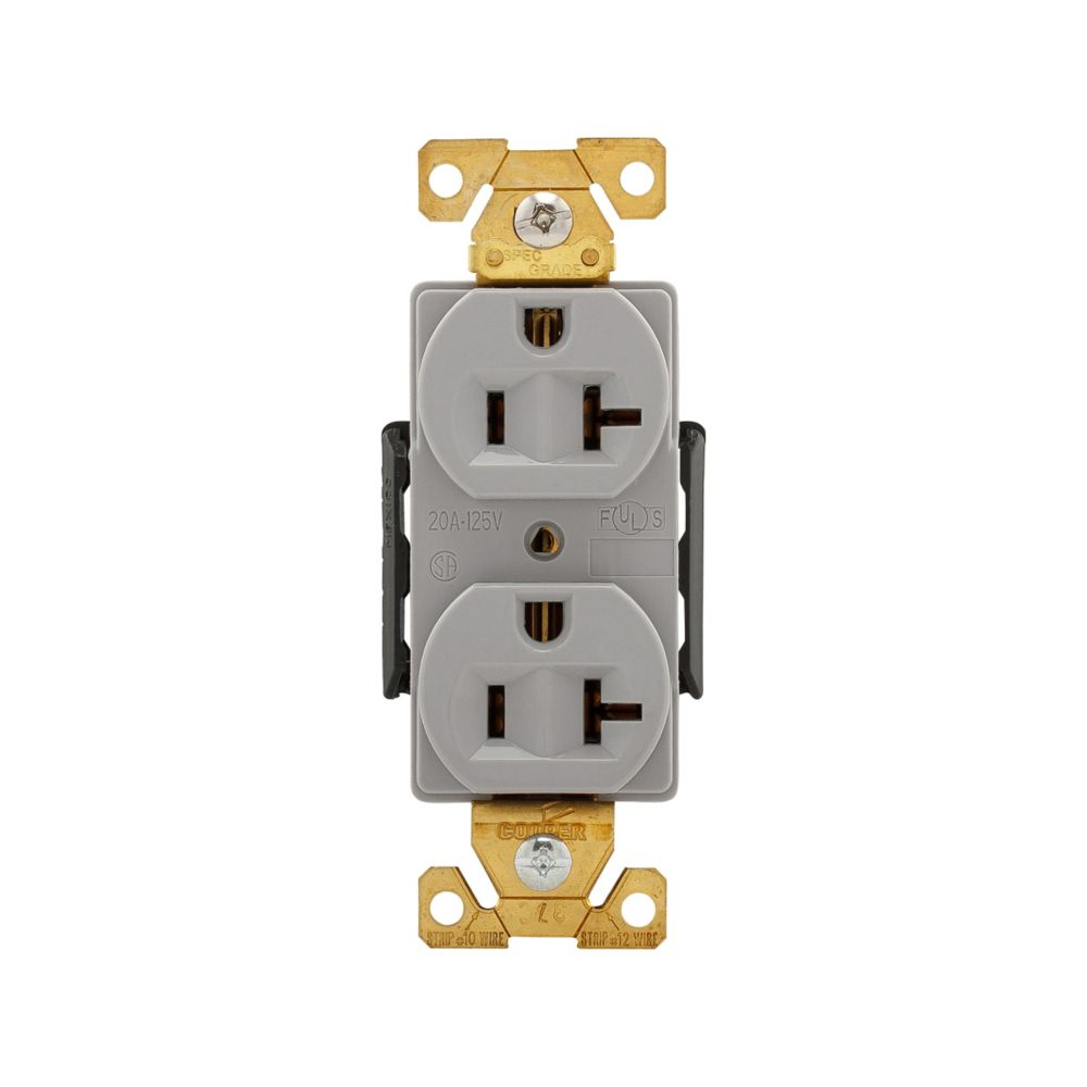 Cooper Wiring Devices AH5362GY Duplex Receptacle 20A 125V 5-20R Two-pole Three-wire Brass Contacts Terminal Guards Gray Nylon Flush Mount