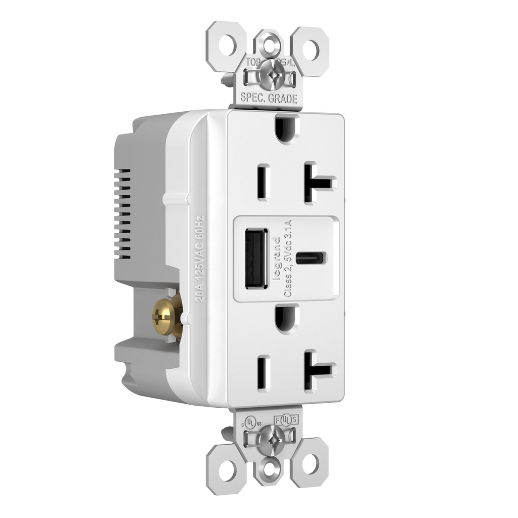 Pass & Seymour TR20USBACW USB Outlet 20A Tamper-Resistant 3.1A USB-A/C 2 Receptacles White Matte