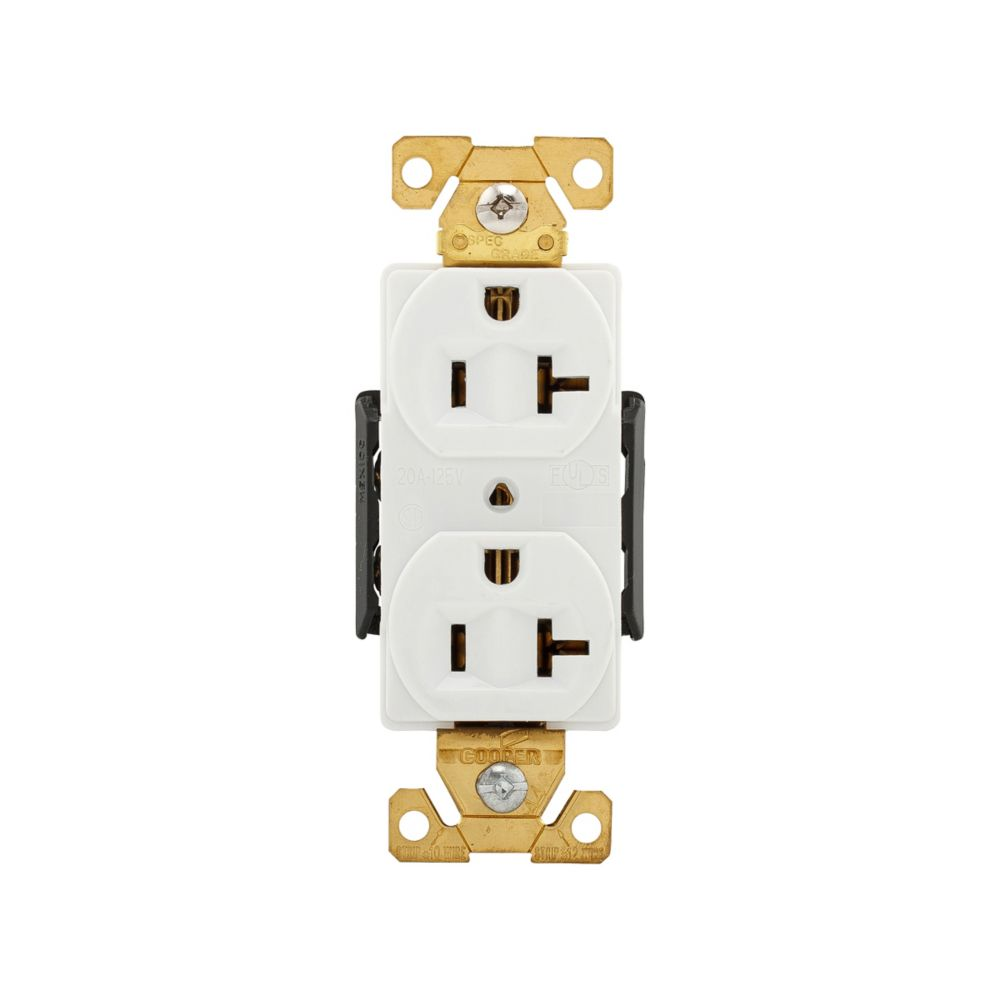 Cooper Wiring Devices AH5362W Duplex Receptacle 20A 125V 5-20R Two-pole Three-wire Terminal Guards White Nylon Brass