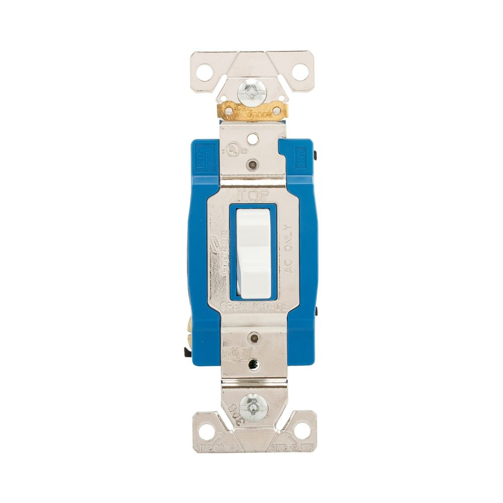 Cooper Wiring Devices AH1203W Toggle Switch 15A 120/277V Three-Way Back and Side Wiring Polycarbonate White Brass