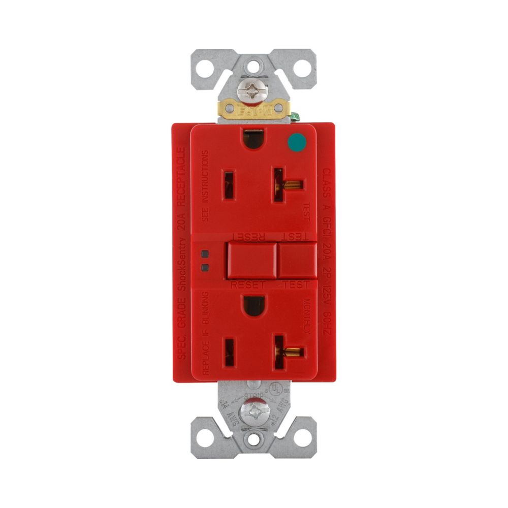 Cooper Wiring Devices SGFH20RD GFCI Duplex Receptacle 125V 20A 5-20R Back Side Wiring Hospital Grade Red Polycarbonate Brass
