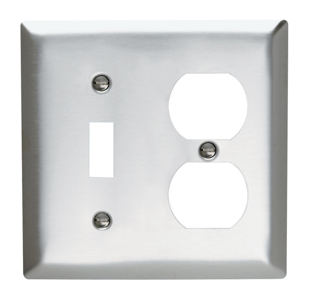 Pass & Seymour SS18 Wall Plate 2-Gang Toggle Switch Duplex Receptacle Stainless Steel Brushed Finish