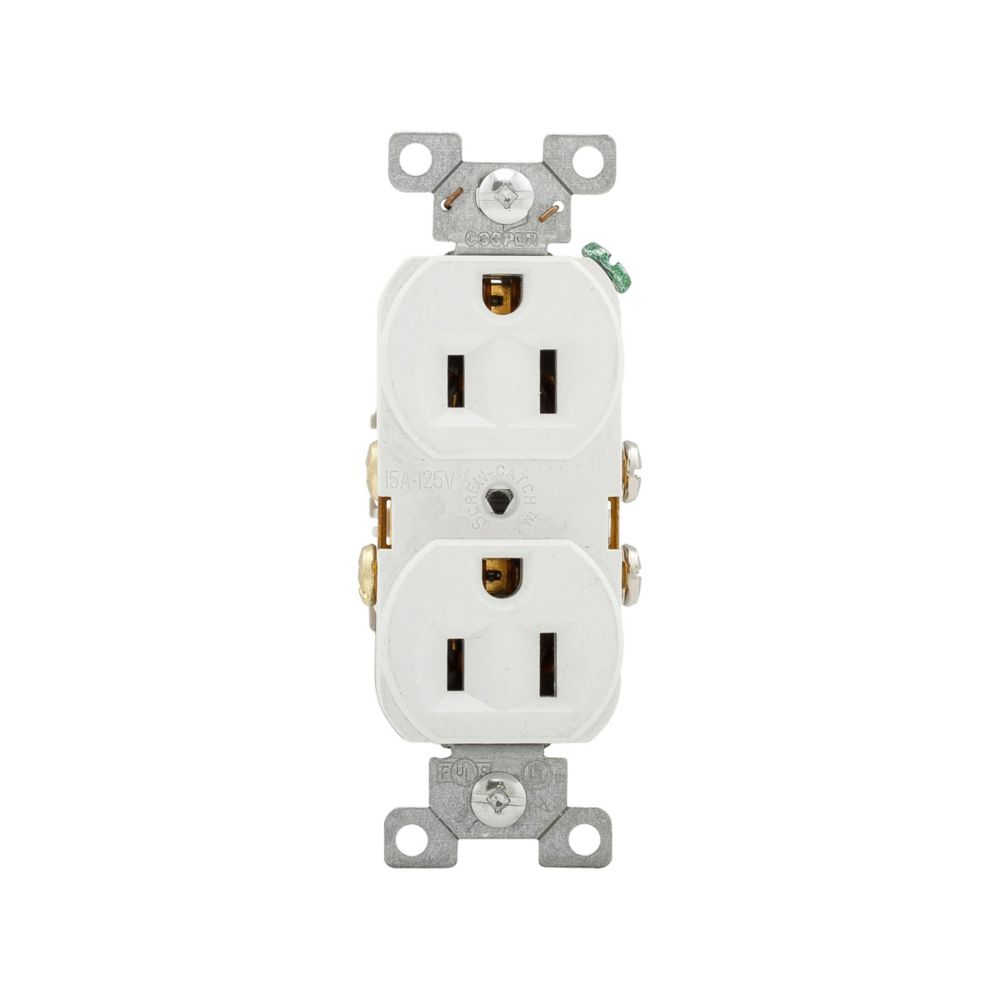 Cooper Wiring Devices CR15W Duplex Receptacle 15A 125V Two-pole Three-wire Grounding NEMA 5-15R Side Wiring Screw White PVC