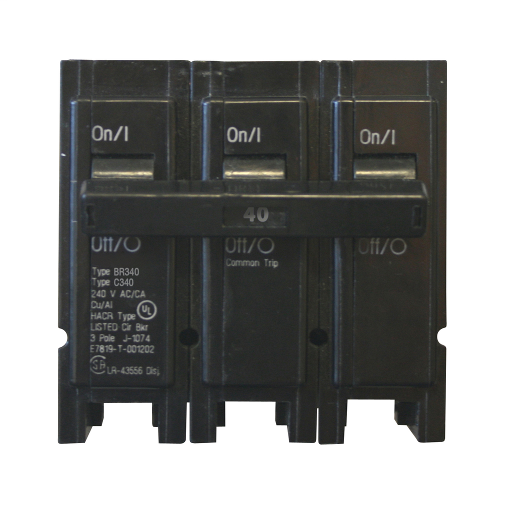 Cutler-Hammer BR340 Circuit Breaker Three-Pole 40A 240V 10 kAIC Plug-On Copper/Aluminum
